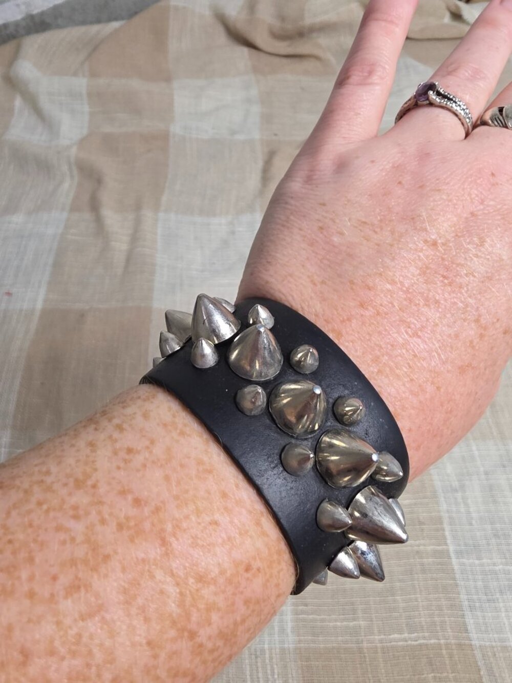 Vintage Handmade Gothic Emo Punk Rock Black Leather Silver Spike Punk Bracelet